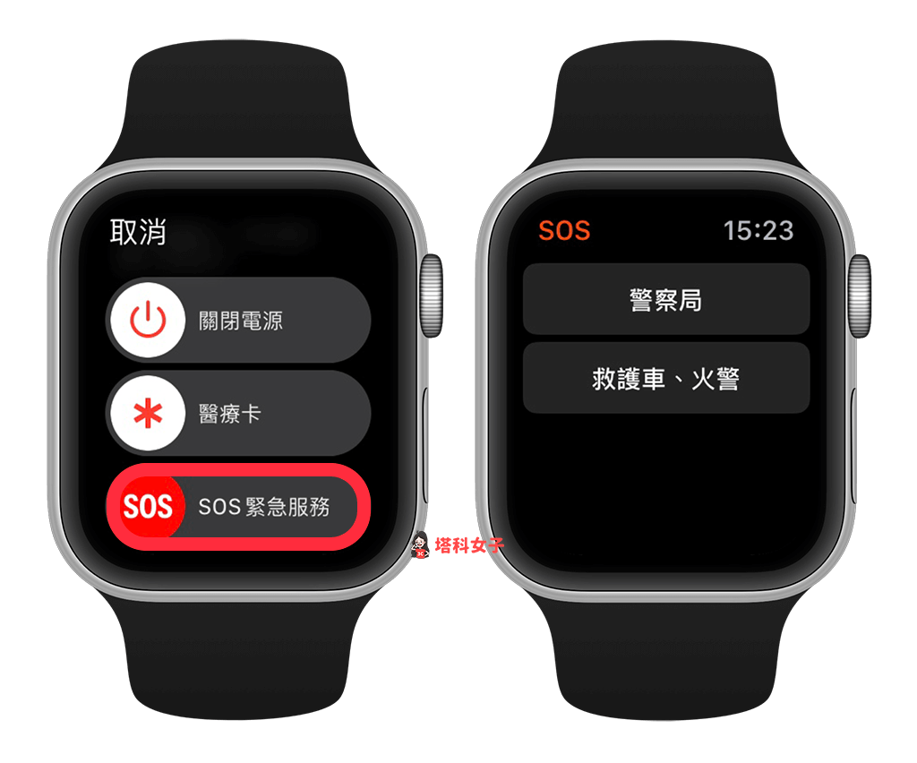 apple watch 紧急服务：长按侧键