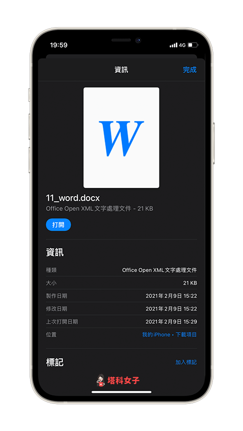 透过档案 app 查看档案详细资讯