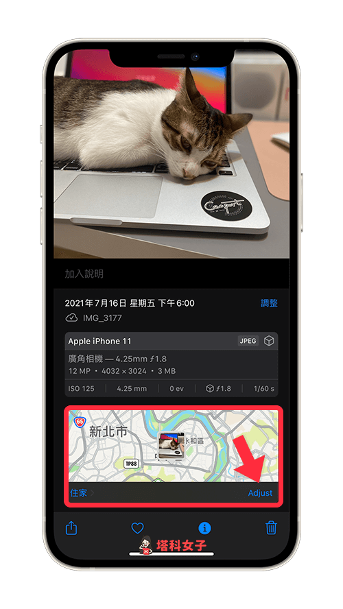点选照片 exif 资讯下方地图右下角的「调整」