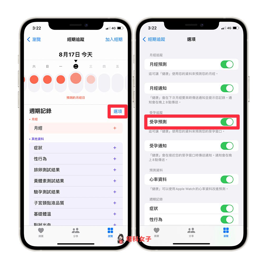 健康 app 「经期追踪」的页面，点选「周期纪录」右边的「选项」。 开启「受孕预测」
